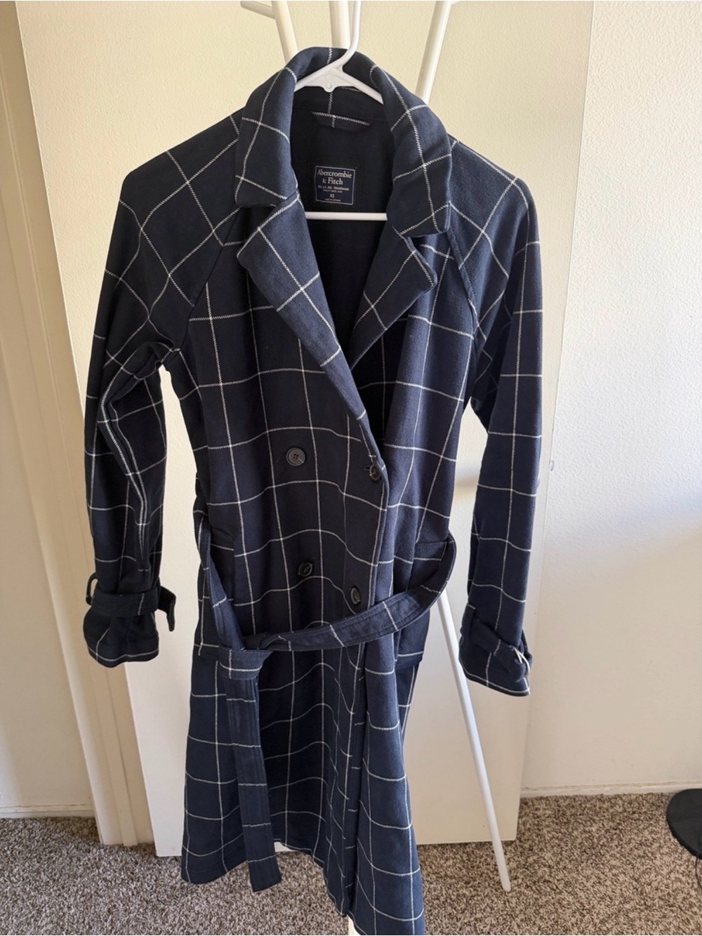 Abercrombie & Fitch Navy Windowpane Double-Breasted Trench